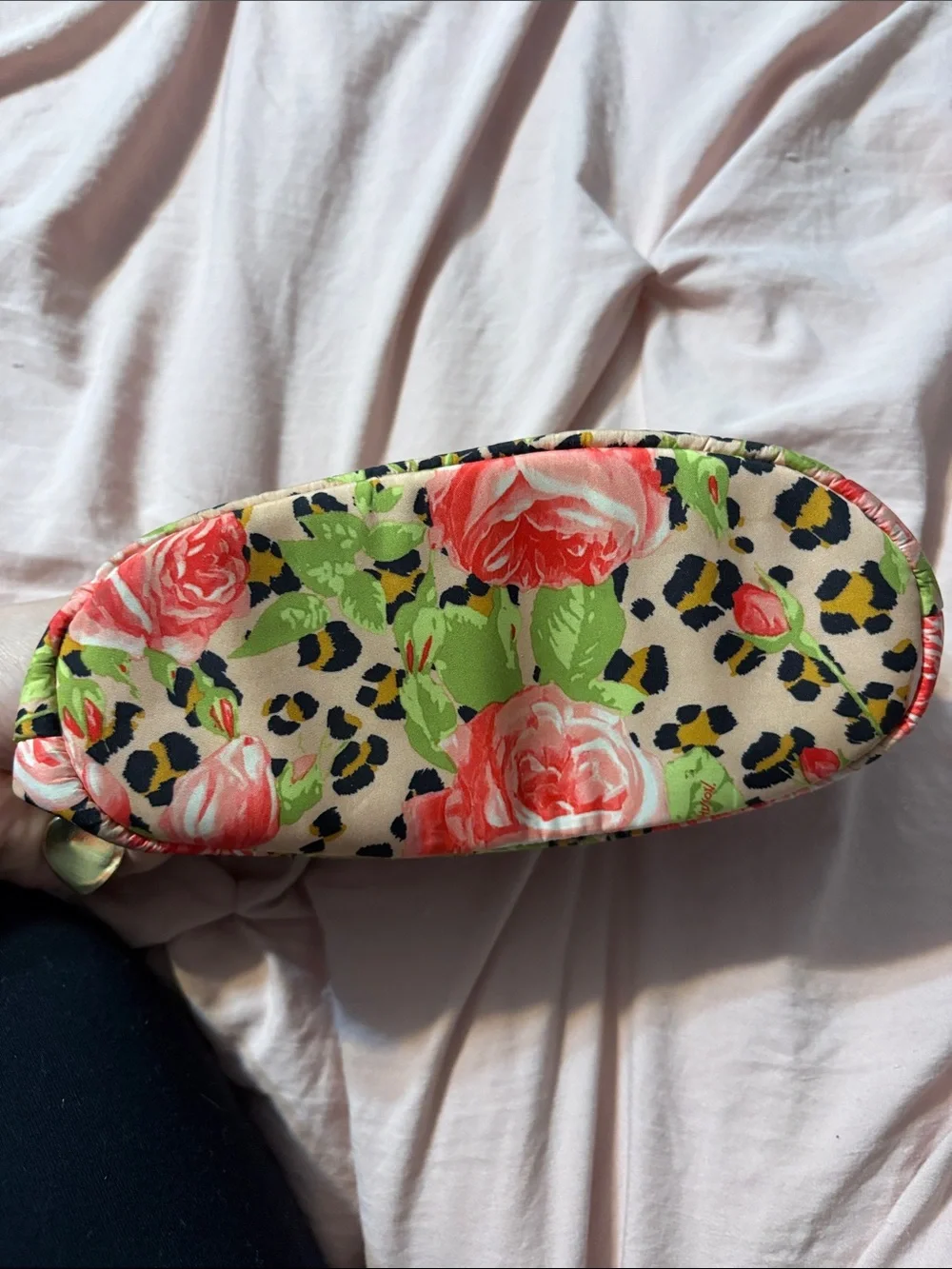 Betsey Johnson Floral Rose & Leopard Ruffle Cosmetic Bag - Pink/Green/Beige